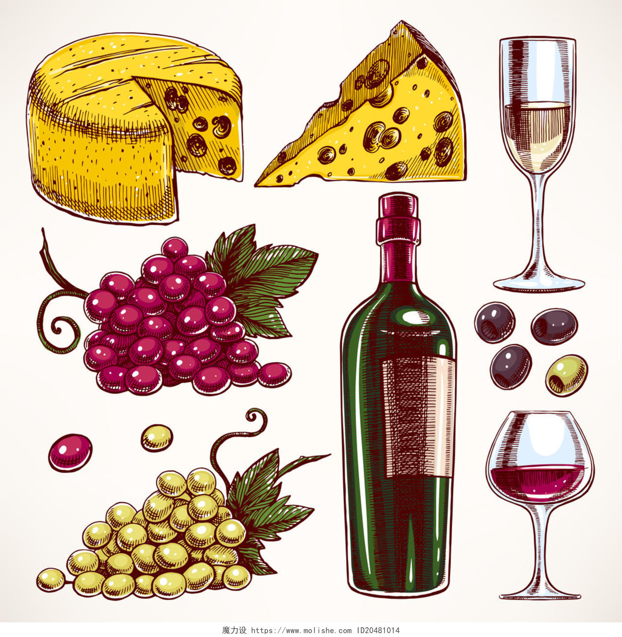一瓶葡萄酒和一串葡萄和奶酪
